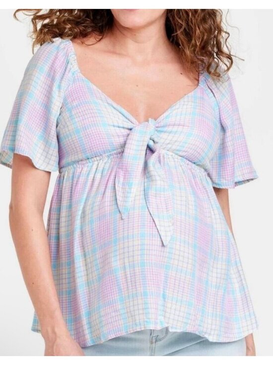 Isabel By Ingrid & Isabel Tops - NWT Isabel Maternity Top Pastel‎ Plaid Tie-Front Smocked Back Short Sleeves Sz M